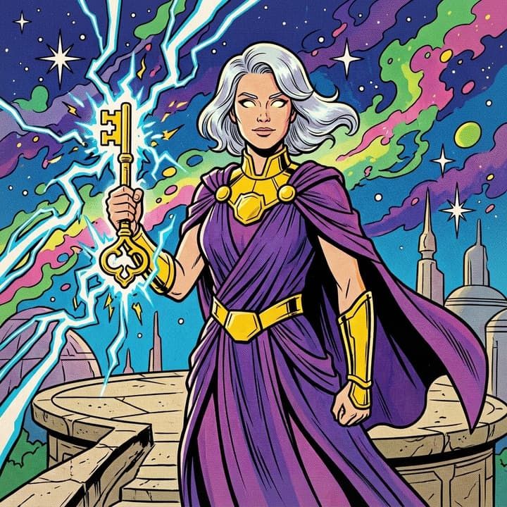 Beacon: white-haired woman in a violet robe holding a crackling gold key, a rainbow nebula behind her.
