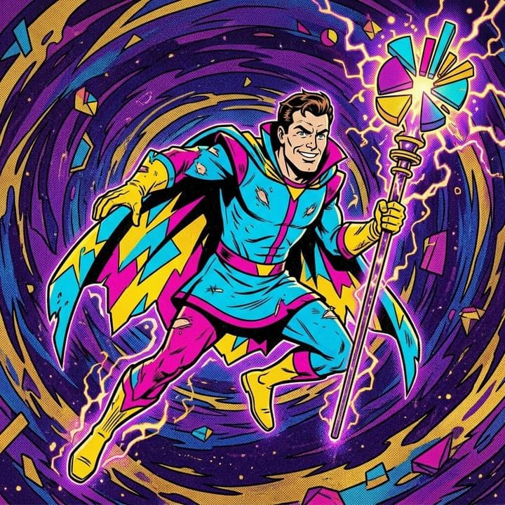 Chartjunk: hero in cyan and magenta leaping through a purple vortex, holding a staff topped with a pie chart.