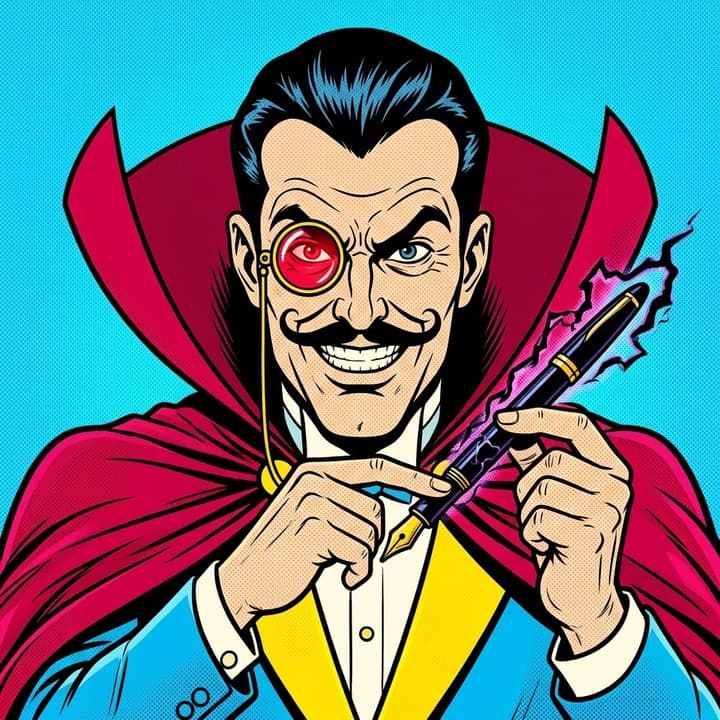 Doctor Missedit: grinning villain with a waxed mustache, a red monocle and a crimson cape, holding a sparking fountain pen.