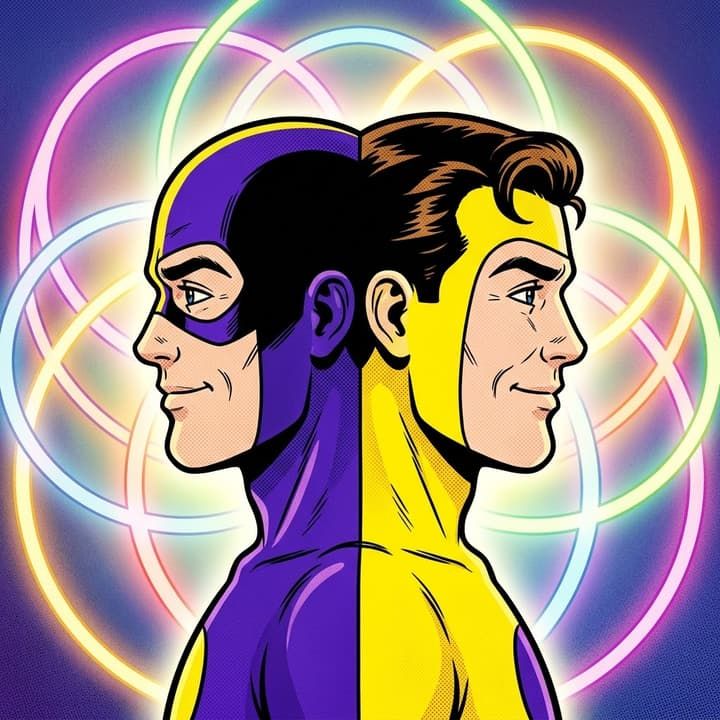Doppel: one head split down the middle into two profiles facing opposite ways, purple and yellow, inside overlapping rings.