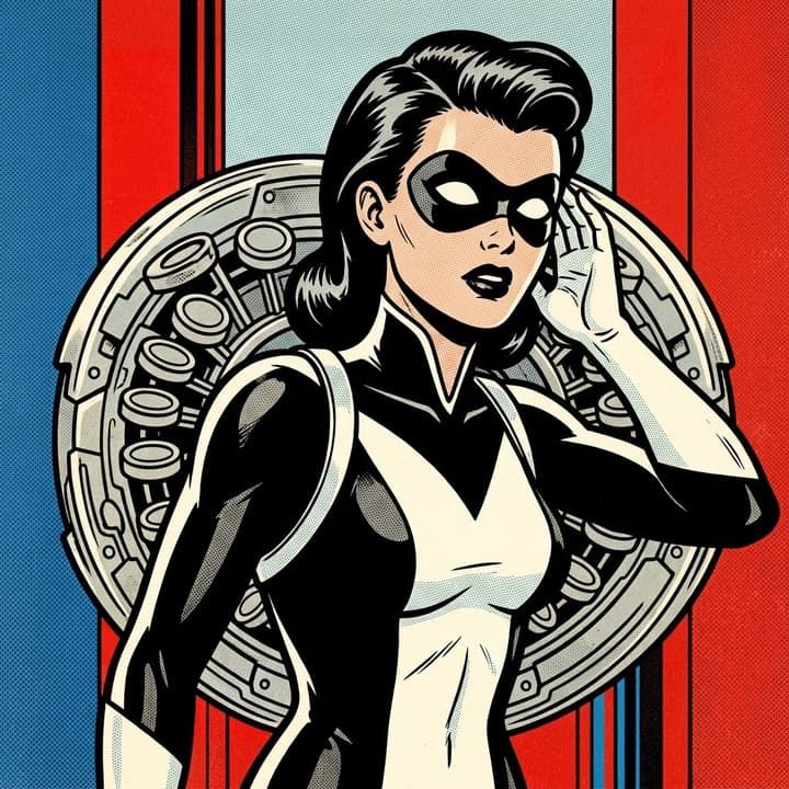 Greyscale: masked woman in a black and white suit against red and blue stripes, a huge steel disc behind her.