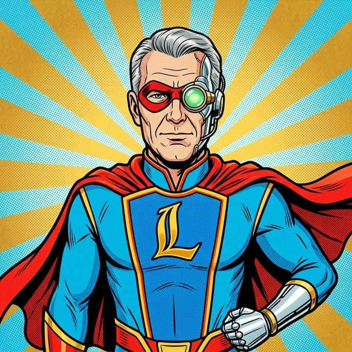 Ledger: silver-haired hero in blue and red with an L on his chest, a green monocle lens over one eye and a metal hand.