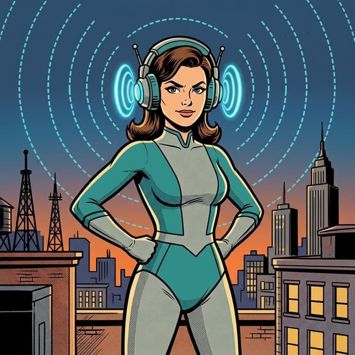 Median: hero in a teal suit on a rooftop at dusk, glowing headphones throwing dashed signal arcs across the skyline.