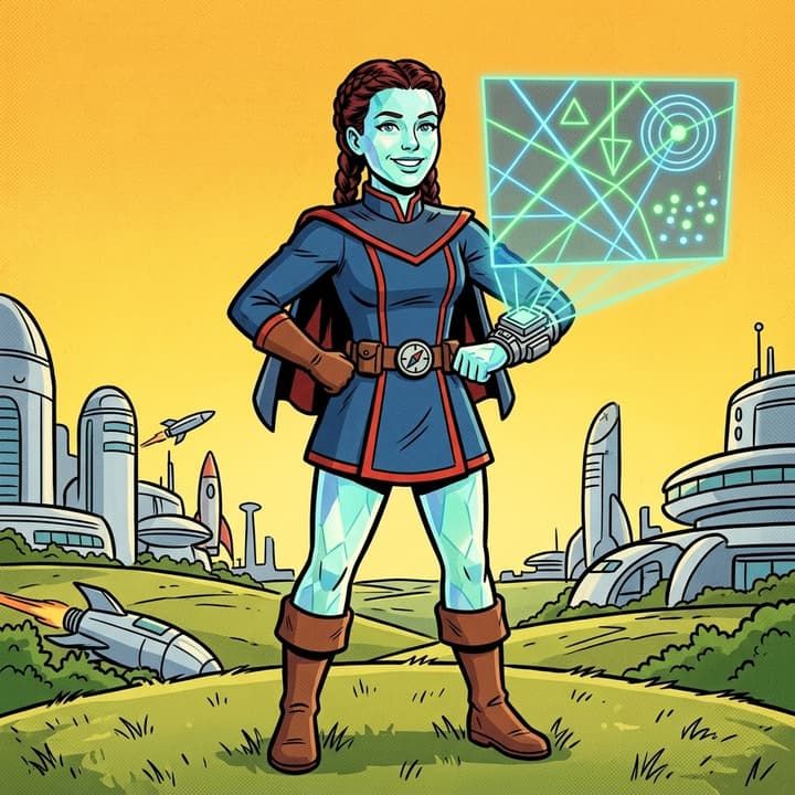 Meld: teal-skinned hero in a blue tunic and red-lined cape, a brass compass at her belt and a glowing map thrown from her wrist.