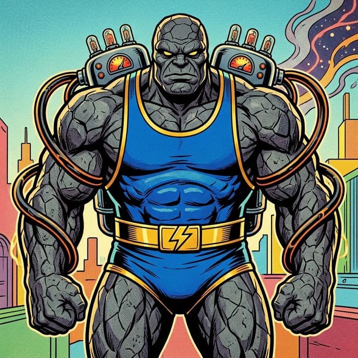 Payload: stone giant in a blue singlet with pressure gauges and cables bolted to his shoulders, a bright city behind him.