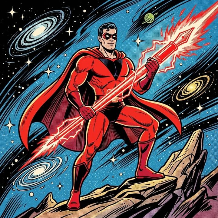 Redline: hero in red standing on a rock in deep space, holding a giant fountain pen like a spear.