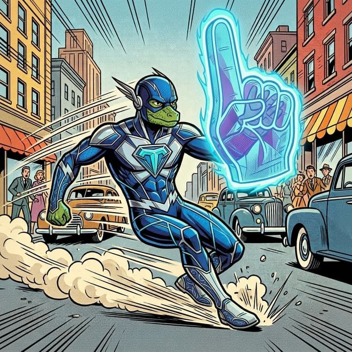 Thumb: blue-armored speedster skidding down a 1950s street, a glowing foam finger raised.